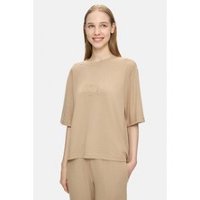 Ucla JAYLA Koyu Bej Bisiklet Yaka Gofre Baskılı Yumuşak Dokulu Modal Kumaş Loose Fit Kadın Tshirt