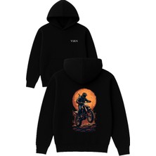 Vsrn Off Road Motor Tasarım Baskılı Oversize Siyah Kapüşonlu Sweatshirt