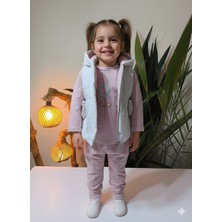 Şimo Butik Kız Bebek Vikvik Oyuncaklı Üçlü Takım (Omuzdan Çıtçıtlısweatshirt+ Vikvikli Yelek+Pantolon)