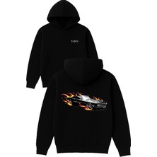 Vsrn Alevli Araba Tasarım Baskılı Oversize Siyah Kapüşonlu Sweatshirt