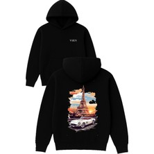 Vsrn Paris Günbatımı Tasarım Baskılı Oversize Siyah Kapüşonlu Sweatshirt