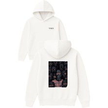 Vsrn Holigans Tasarım Baskılı Oversize Beyaz Kapüşonlu Sweatshirt