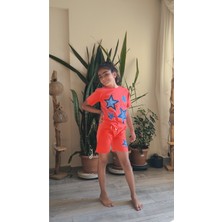 Şimo Butik Kız Çocuk Pamuklu Şortlu Takım Somon, Lila, Nar Çiçeği Renkli