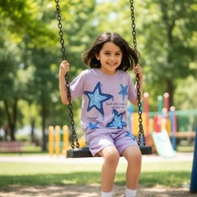 Şimo Butik Kız Çocuk Pamuklu Şortlu Takım Somon, Lila, Nar Çiçeği Renkli