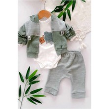 Dinamik çocuk Erkek Bebek Ceketli 3lü Takım Ayıcık Nakışlı Mevsimlik Kapüşonlu 3 Parça Zıbınlı 0-3-6-9AYLIK