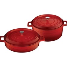 24 cm Derin Yuvarlak 28 cm Sığ Yuvarlak 2'li Döküm Kırmızı Tencere Seti