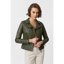 Deriderim Haki Yeşil Laney Biker Motorcu Kadın Fermuarlı Astarlı Dikişli Apoletli Kısa Hakiki Deri Ceket