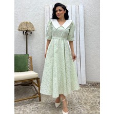 Küçüğüm Butik Beyaz Yakalı Su Yeşili Papatya Kloş Poplin Elbise