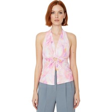 Ersefa Kadın Kalın Askılı V Yaka Pencere Detaylı Baskılı Crop Bluz Polyester Karışımlı Örme Kumaş Yazlık