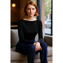FRM Kadın Şık Regular Kayık Yaka Slim Kalıp Örme Pamuklu Sırt Dekolteli Fitted Vücuda Oturan Esne Bluz