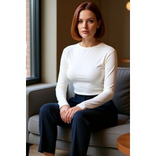 FRM Kadın Moda Şık Üst Giyim Crop Bisiklet Yaka Slim Kalıp Örme Viskon Esnek Bluz