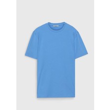 Ramsey Mavi Düz Bisiklet Yaka Pamuk Karışımlı T-Shirt