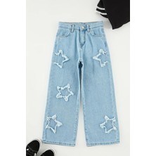 A.S.L GOLF CLUB Kız Çocuk Geniş Paça Yıldız Desenli %100 Pamuk Lastikli Denim Pantolon