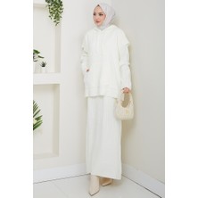 İlkimay.com Kapüşonlu Tunik Elbise Triko Takım 1645 - Beyaz