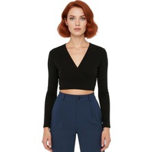Ersefa Kadın V Yaka Uzun Kollu Crop Bluz Esnek Örme Kumaşıyla Yazın Cool & Comfort Ihtiyacını Karşılar