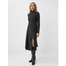 Jimmy Key Antrasit Melanj Balıkçı Yaka Yumuşak Dokulu Örme Midi Elbise