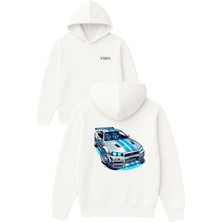 Vsrn Fast Car Tasarım Baskılı Oversize Beyaz Kapüşonlu Sweatshirt