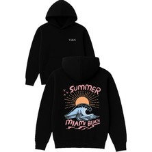 Vsrn Summer Mıamı Beach Tasarım Baskılı Oversize Siyah Kapüşonlu Sweatshirt