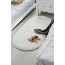 Beyaz Oval Post Halı Peluş Yumuşak Kaymaz Dot Taban Antibakteriyel Makinada Yıkanabilir Yolluk