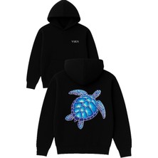 Vsrn Mavi Deniz Kaplumbağsı Tasarım Baskılı Oversize Siyah Kapüşonlu Sweatshirt