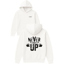 Vsrn Never Gıve Up 1 Tasarım Baskılı Oversize Beyaz Kapüşonlu Sweatshirt