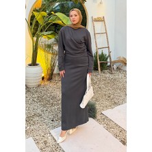 Lamelif Büzgülü Tesettür Elbise Antrasit