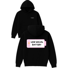 Vsrn Low Socıal Battery Tasarım Baskılı Oversize Siyah Kapüşonlu Sweatshirt