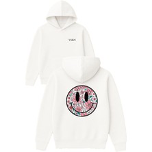 Vsrn Çiçekli Gülen Yüz Tasarım Baskılı Oversize Beyaz Kapüşonlu Sweatshirt