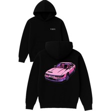 Vsrn Pembe Araba Tasarım Baskılı Oversize Siyah Kapüşonlu Sweatshirt