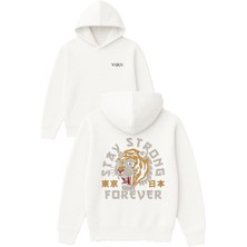 Vsrn Stay Strong Tasarım Baskılı Oversize Beyaz Kapüşonlu Sweatshirt