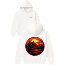 Vsrn Dag Manzarası Tasarım Baskılı Oversize Beyaz Kapüşonlu Sweatshirt