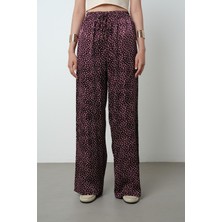 Orfeonegro Kadın Bordo Renk Desenli Bol Paça Beli Lastikli Pantolon