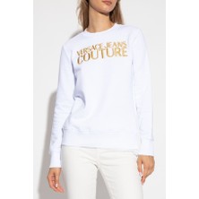 Versace Kadın Felpe Serigrafiche Nakışlı Logo Sweatshirt - Beyaz/gold