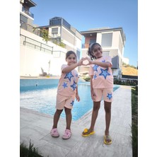 Şimo Butik Kız Çocuk Pamuklu Şortlu Takım Somon, Lila, Nar Çiçeği Renkli