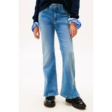 Tommy Hilfiger Kız Çocuk Flare Ispanyol Paça Yırtmaçlı Jean Pantolon - Mavi