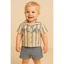Dinamik çocuk Erkek Bebek/çocuk Play Nakışlı Gömlek Şort 2li Takım Ham Keten Yazlık Kumaş 3-6-9-12-19-24AYLIK