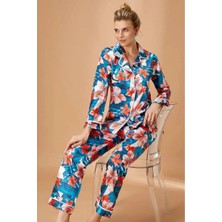 Alissa Kadın Yeşil Çiçek Desenli Boydan Düğmeli Saten Pijama Takımı W.6N7K6.5RK.T.K.S