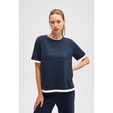 Peraluna Rumi Kadın Triko Yanları Yırtmaçlı Pamuk Bluz - Lacivert