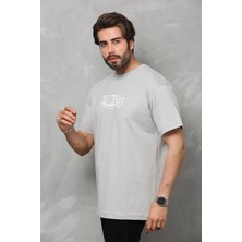 Moda Unisex Bisiklet Yaka Baskılı Oversize T-Shirt - Gri