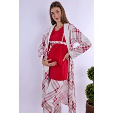 Effortt Vişne %100 Pamuk Sabahlıklı Hamile Lohusa Pijama Takımı