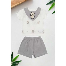Dinamik çocuk Panda Yaka Nakışlı Raporlu Müslin 2li Takım Unisex Kız Erkek Bebek Yazlık Alt Üst Aylık