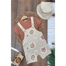 Dinamik çocuk Ayıcık Baskılı Safari Şapkalı Omuzdan Çıtçıtlı Badi Yazlık Erkek Bebek Salopet Takım