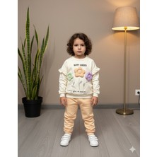 Şimo Butik Kız Çocuk Alt Üst Takım Kolu Fırfırlı El Nakışı Kabartma Çiçek %100 Pamuk