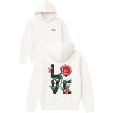 Vsrn Love Çiçek Tasarım Baskılı Oversize Beyaz Kapüşonlu Sweatshirt