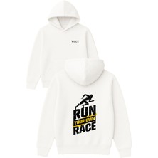 Vsrn Run Your Win Tasarım Baskılı Oversize Beyaz Kapüşonlu Sweatshirt