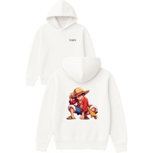 Vsrn Sapkalı Oturan Anime Tasarım Baskılı Oversize Beyaz Kapüşonlu Sweatshirt