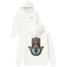 Vsrn Meryem Ana Eli Tasarım Baskılı Oversize Beyaz Kapüşonlu Sweatshirt