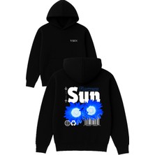 Vsrn Sun Flower Tasarım Baskılı Oversize Siyah Kapüşonlu Sweatshirt