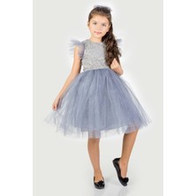 Mnk Baby & Kids Roza Dantel Tütü Kız Çocuk Abiye Elbise MNK0546 - Gri - 8 Yaş