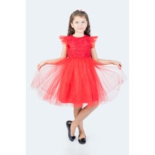 Mnk Baby & Kids Roza Dantel Tütü Kız Çocuk Abiye Elbise MNK0546 - Kırmızı - 8 Yaş